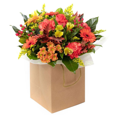 Autumn Breeze Bouquet local florist delivery Flintshire - A beautiful selection of seasonal flowers in the autumn tones, a handtied Bouquet, arranged in water. For a very special occasional. Locally Delivered Flintshire Cheshire